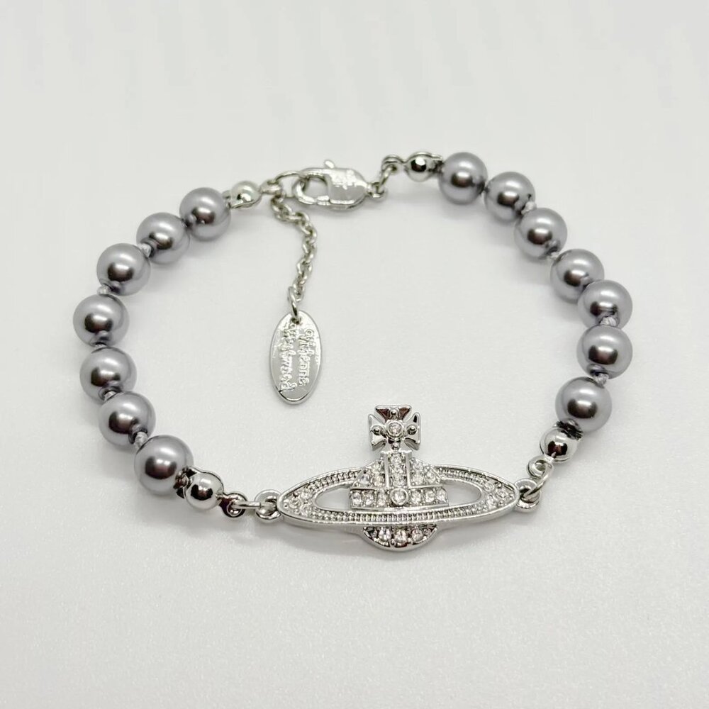 Vivienne Westwood White Faux Pearl Lucrece Mayfair Bas Relief Silver Bracelet